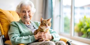 Residents walk safely through a bright assisted living hallway with handrails, clear paths, and emergency signage.